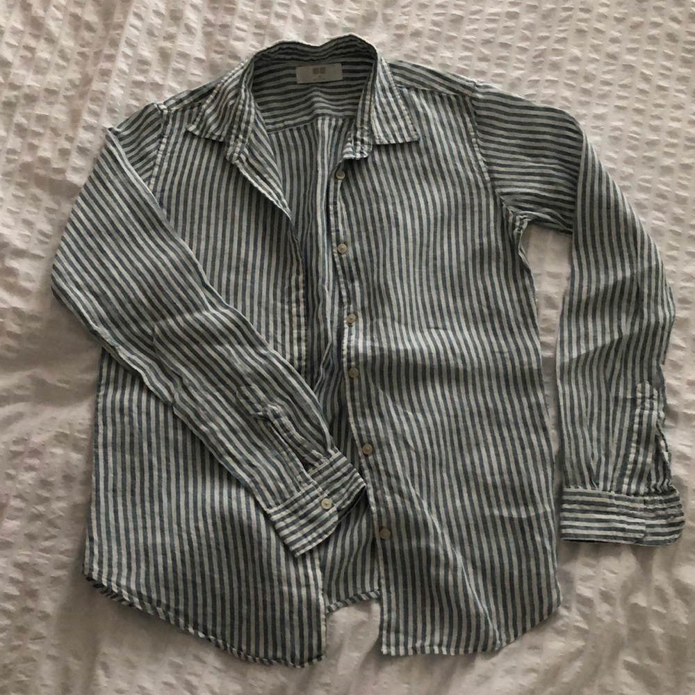 Uniqlo Linen Teal and White Striped Boxy Blouse